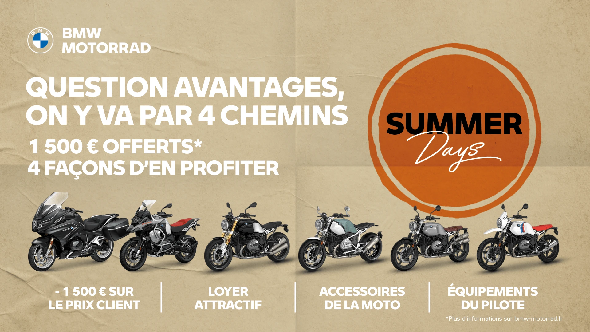 Visuel de l'offre SUMMER DAYS de BMW MOTORRAD avec 5 motos mises en avant et le slogan "question avantages, on y va par 4 chemins"